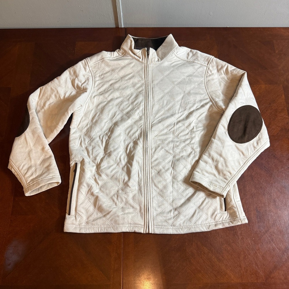 Cremieux Mens XL Quilted Full Zip Jacket Cream Faux Suede Elbow Patches Ivory